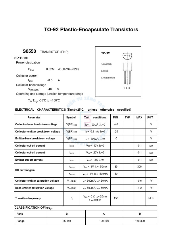 Thông số kỹ thuật và tính năng của S8550