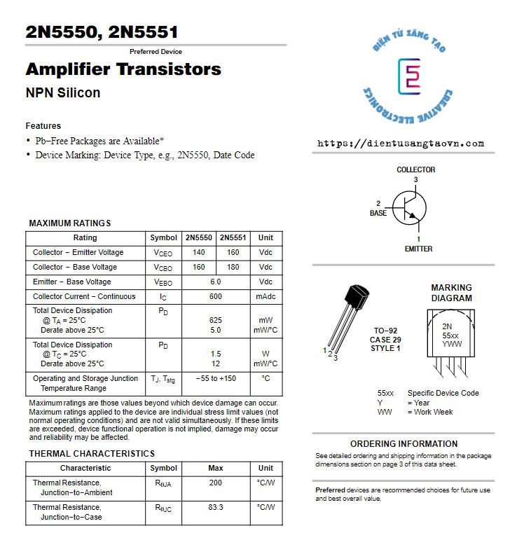 Đặc tính và thông số kỹ thuật của 2N5551